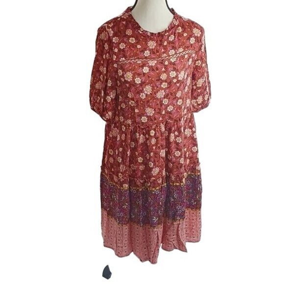 Knox Rose Womens Size XS Boho Floral Dress Red Purple Print Short Sleeve - Picture 1 of 7